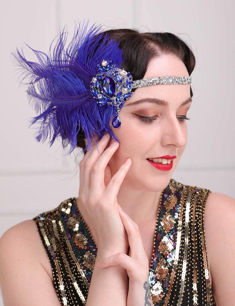 Aimimier 1920s Flapper Feather Headband Royal Blue Sapphire Headpiece with Sparkling Crystal Head Chain Masquerade Hair Accessories for Women - Image 2
